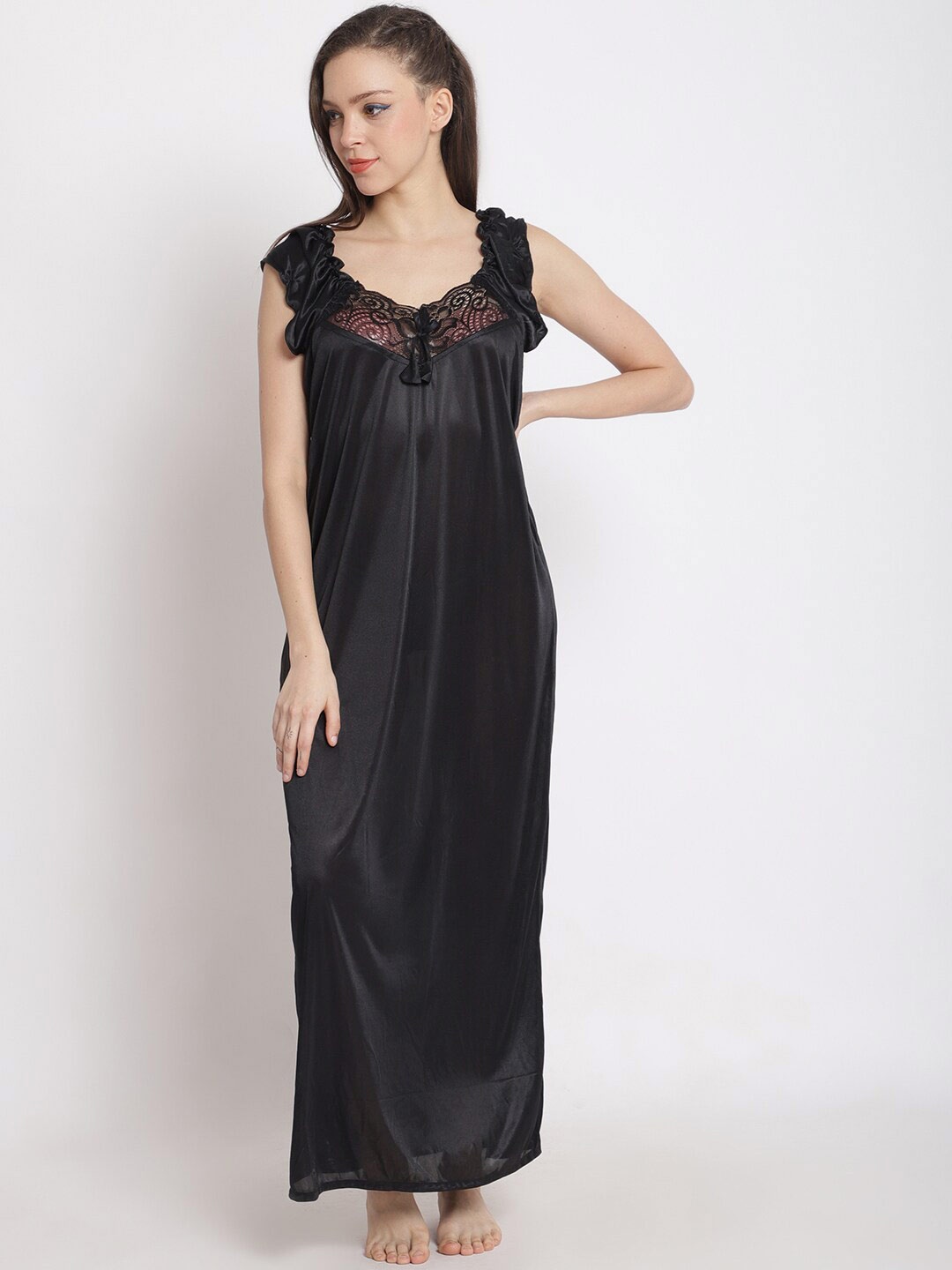 

The Mini NEEDLE V-Neck Satin Maxi Nightdress, Black