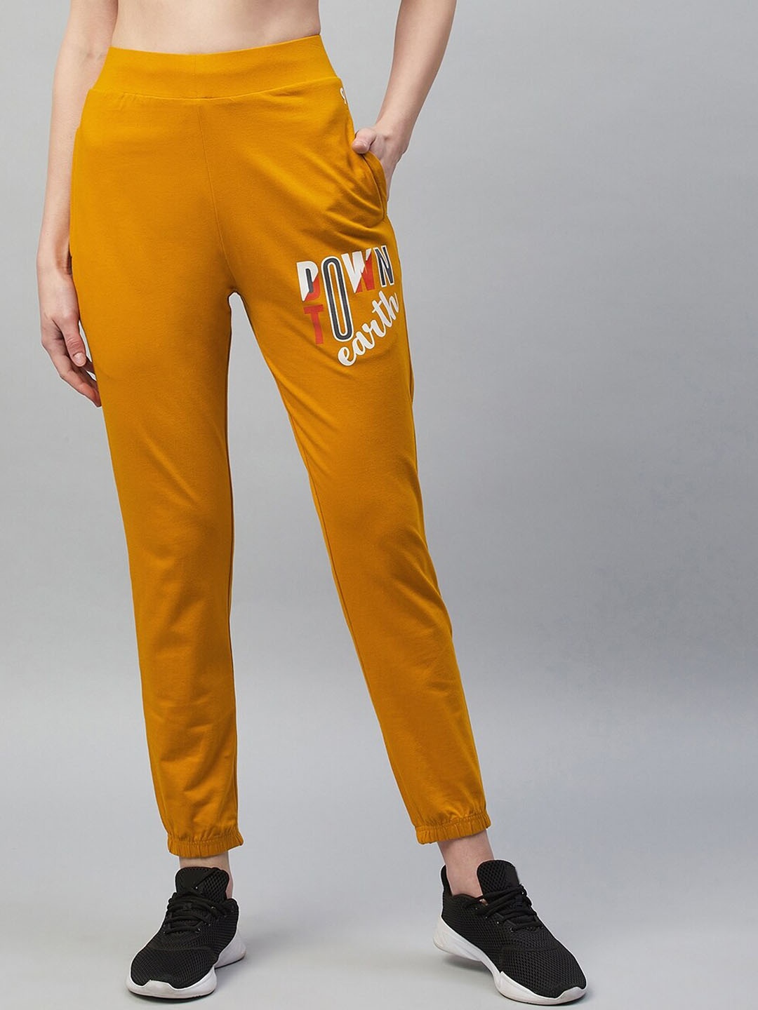

C9 AIRWEAR Women Typography Printed Mid-Rise Joggers, Mustard