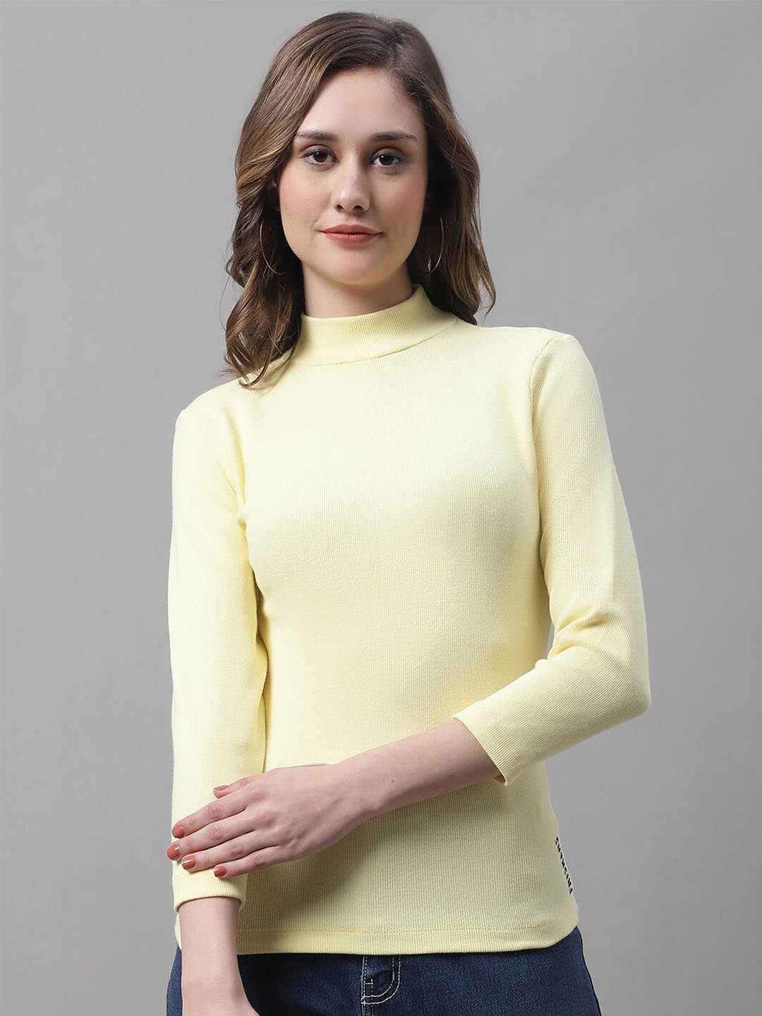 

FBAR High Neck Ribbed Long Sleeves Cotton Fitted Top, Yellow