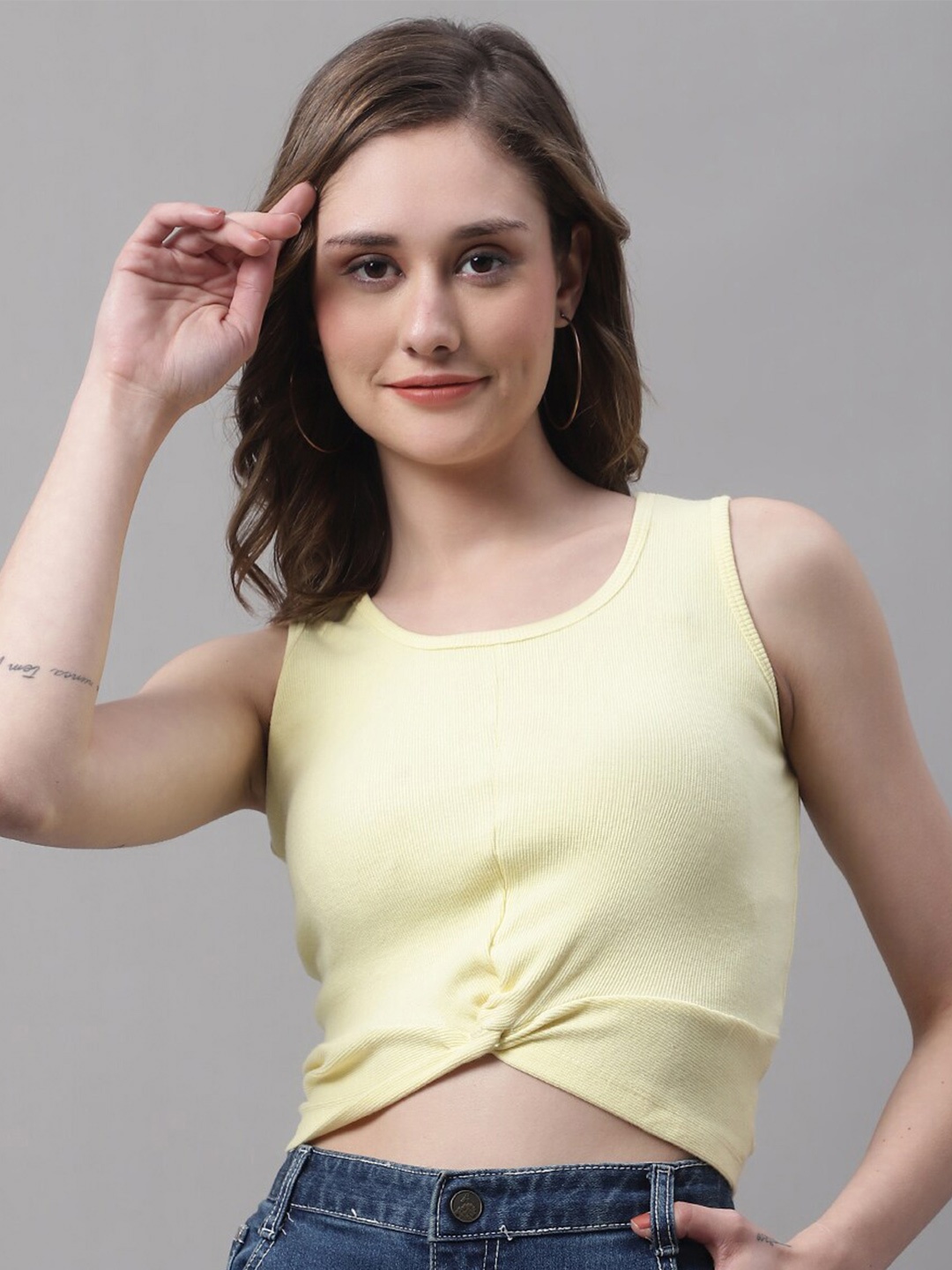 

FBAR Sleeveless Ribbed Twisted Cotton Crop Fitted Top, Yellow