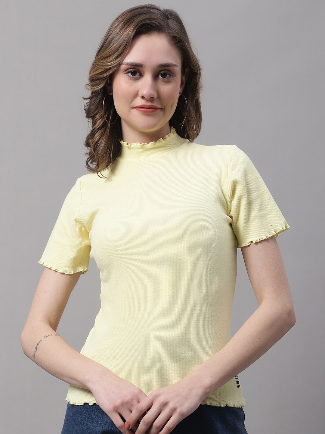 

FBAR High Neck Short Sleeves Cotton Top, Yellow