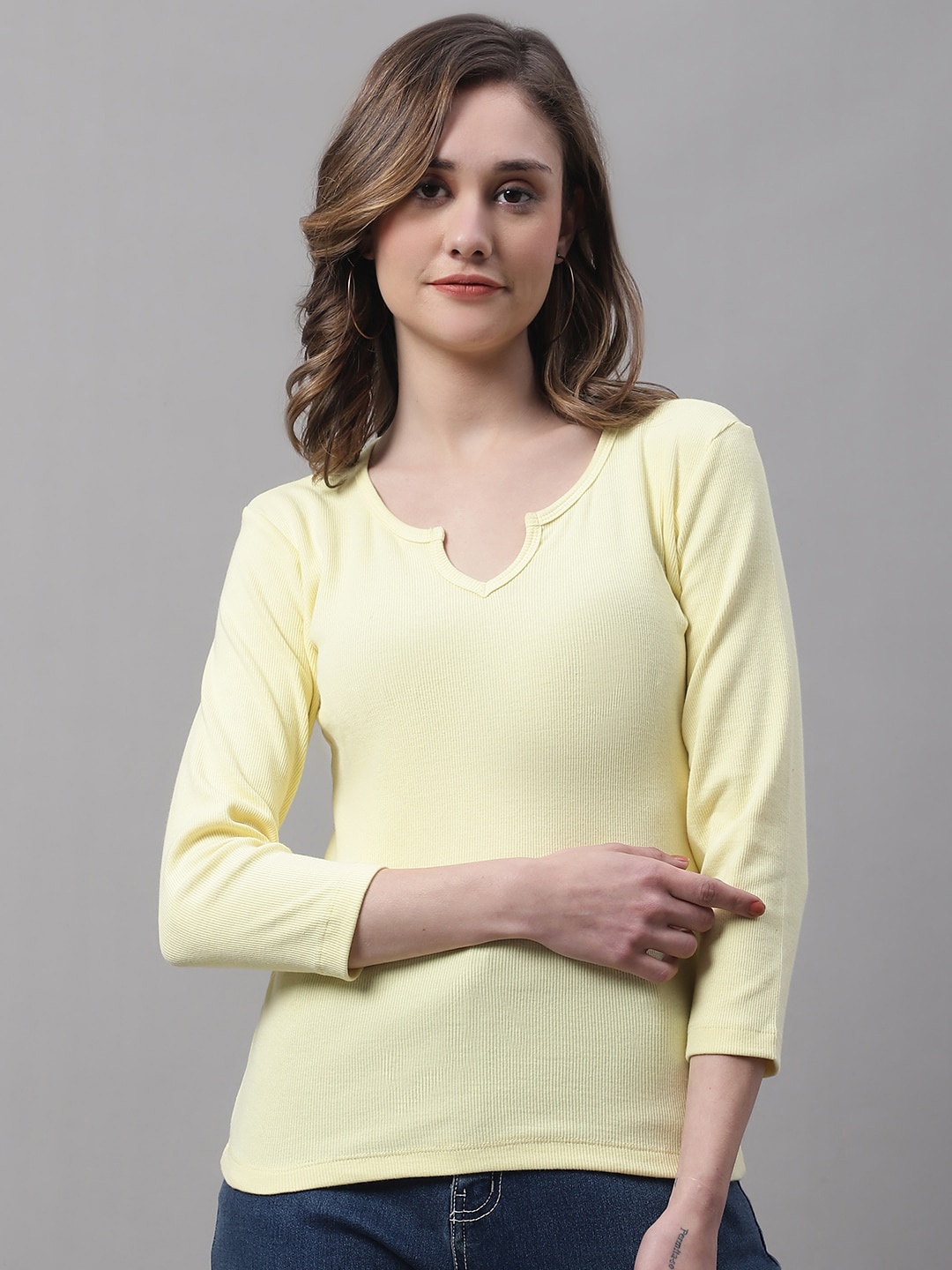 

FBAR V-Neck Long Sleeves Ribbed Cotton Top, Yellow