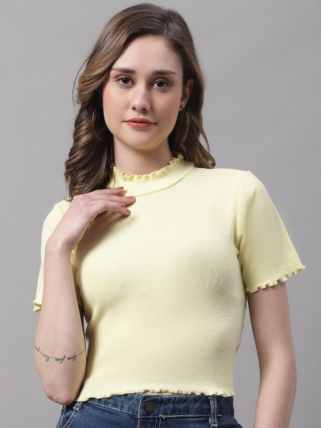 

FBAR High Neck Short Sleeves Cotton Crop Top, Yellow