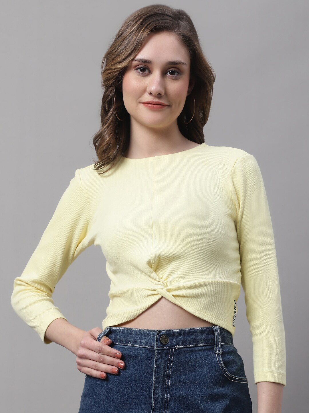 

FBAR Ribbed Twisted Cotton Crop Fitted Top, Yellow