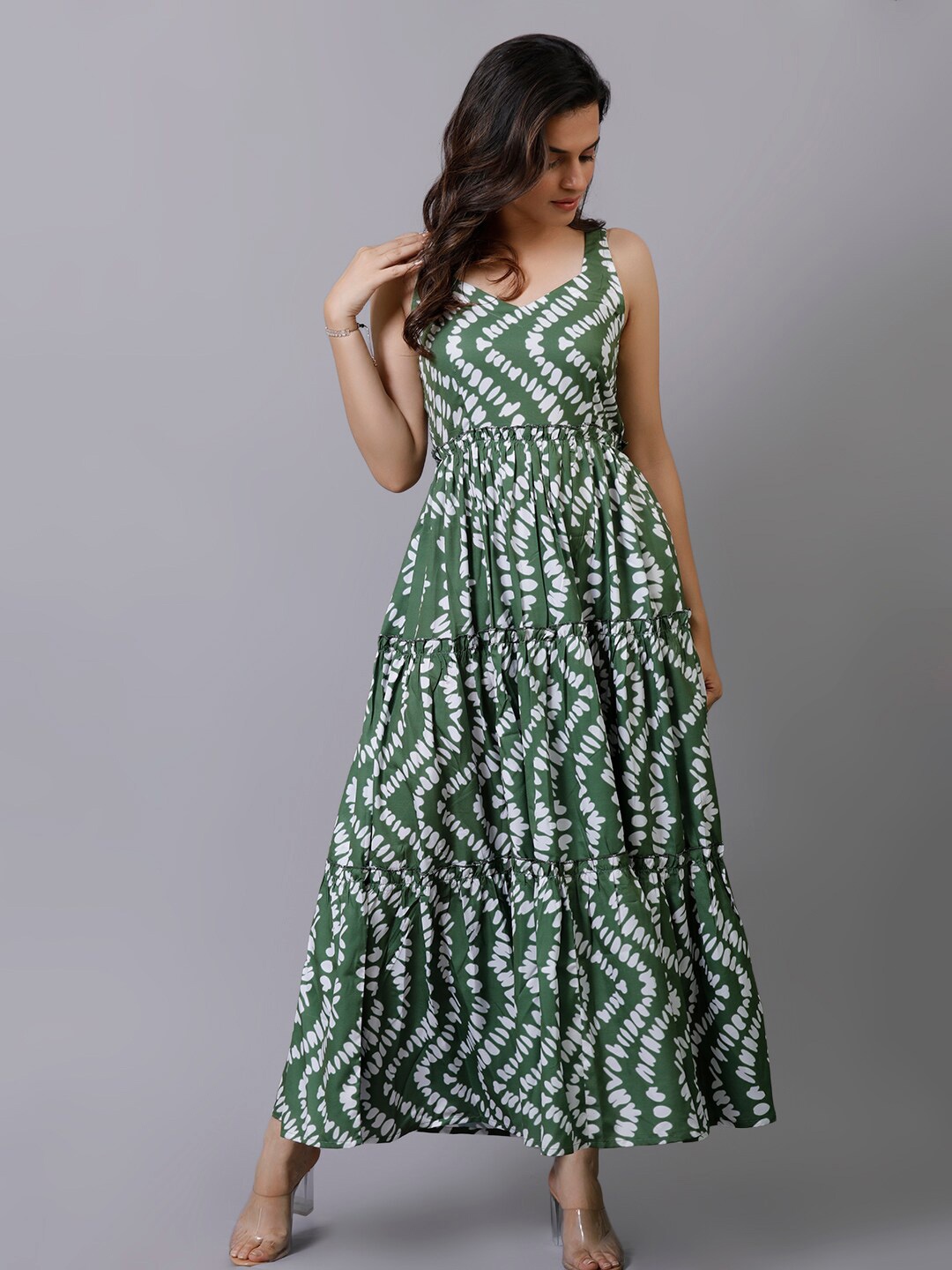 

V TRADITION Ethnic Motifs Print Crepe Maxi Dress, Green