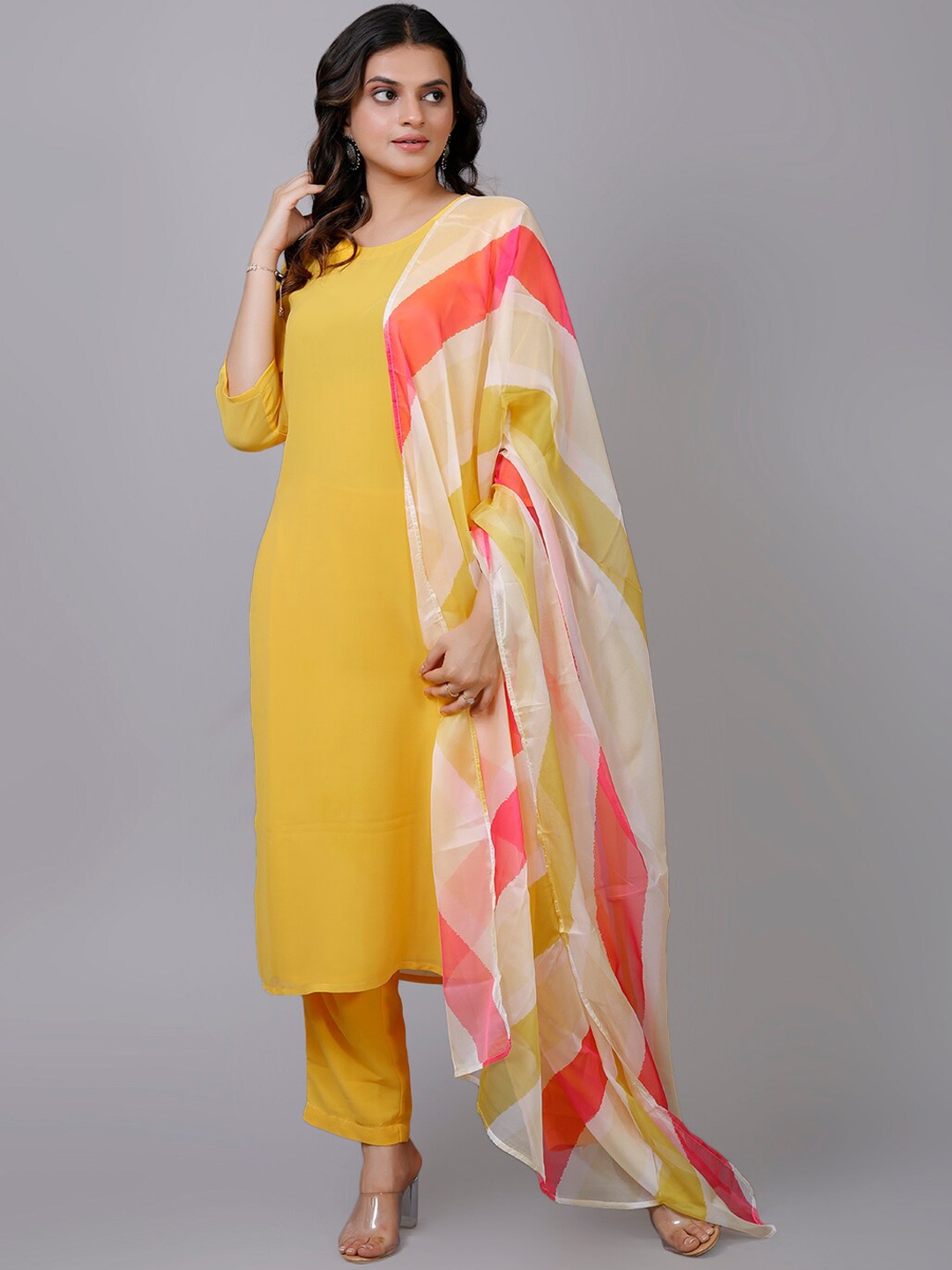 

V TRADITION Straight Georgette Kurta With Trousers & Striped Dupatta, Yellow