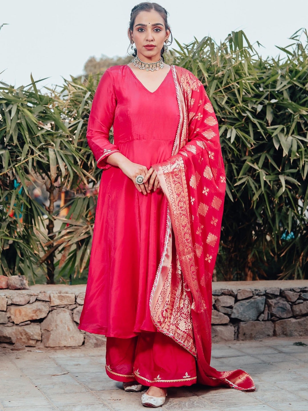 

Thread & Button Gotta Patti Silk Chiffon Anarkali Kurta & Palazzos With Dupatta, Red