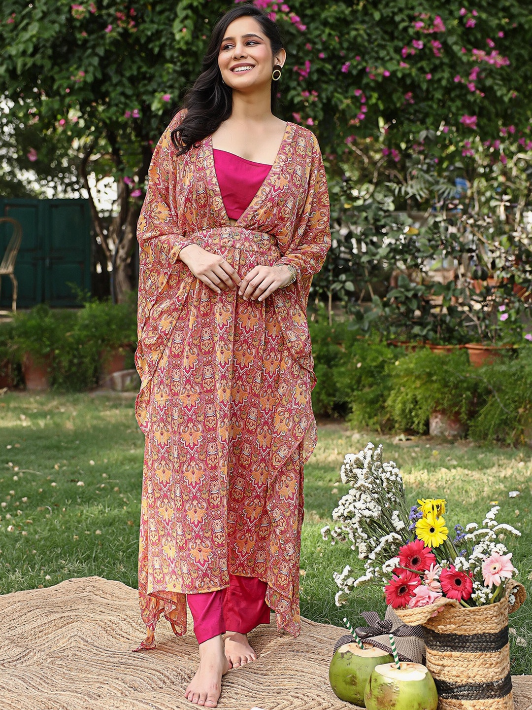 

Thread & Button Floral Printed Sequinned Silk Chiffon Kurta With Trousers, Pink