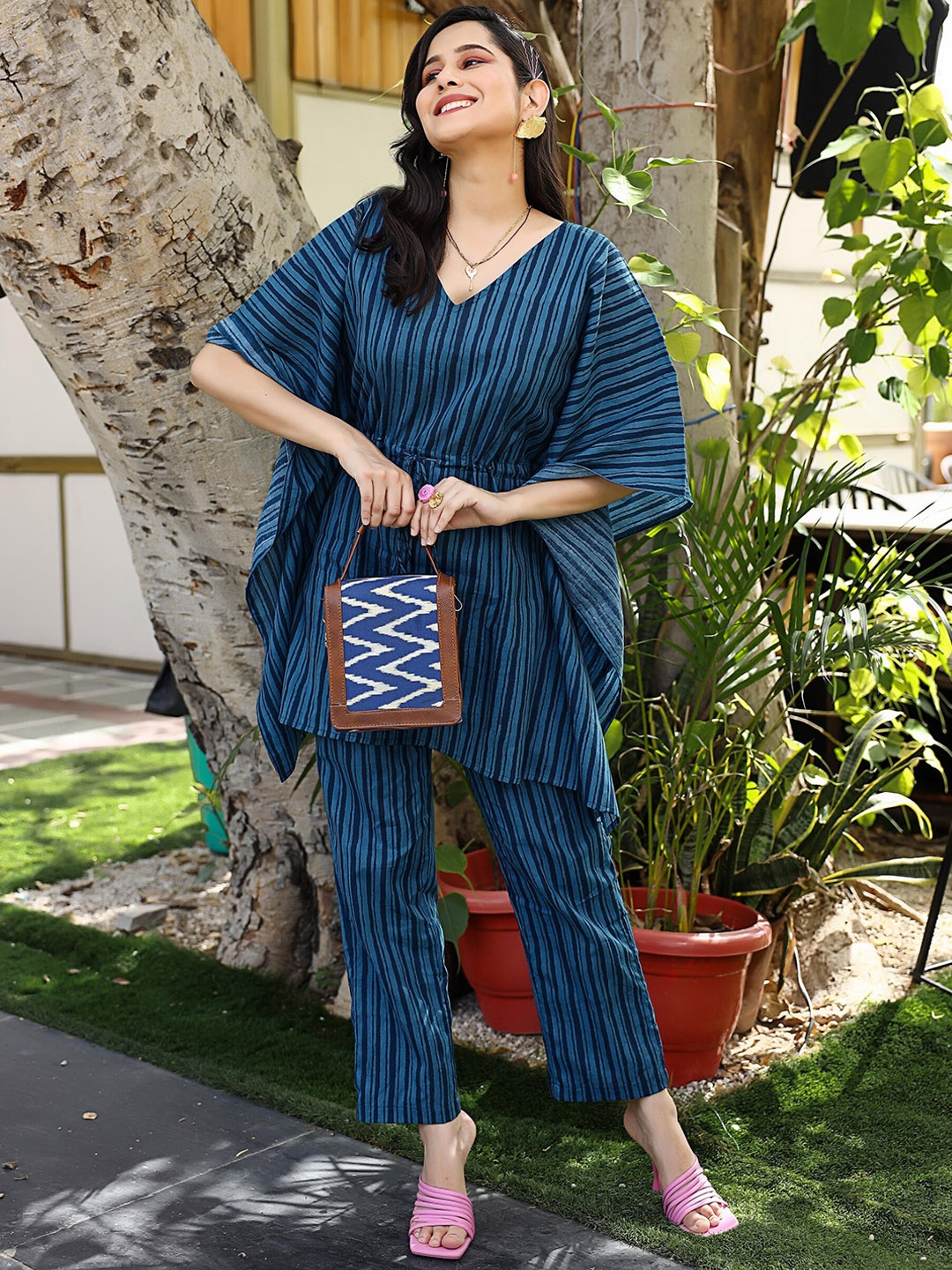 

Thread & Button Striped Pure Cotton Kaftan Style Tunic With Trousers, Blue