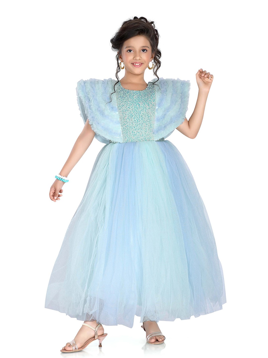 

ROVARS Girls Self Design Net Fit & Flare Dress, Turquoise blue