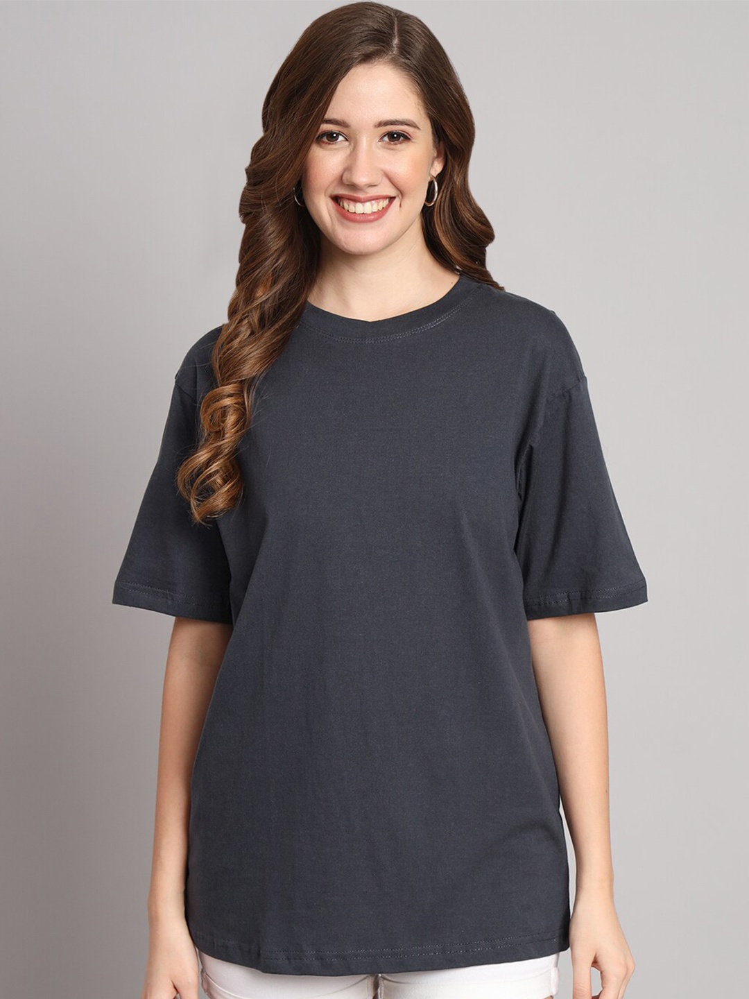 

Funday Fashion Round Neck Organic Cotton Oversized T-shirt, Grey