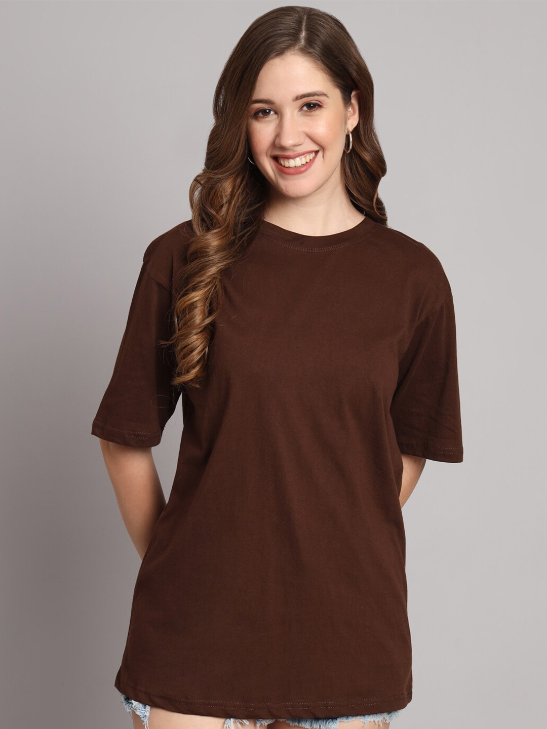 

Funday Fashion Round Neck Organic Cotton Oversized T-shirt, Brown