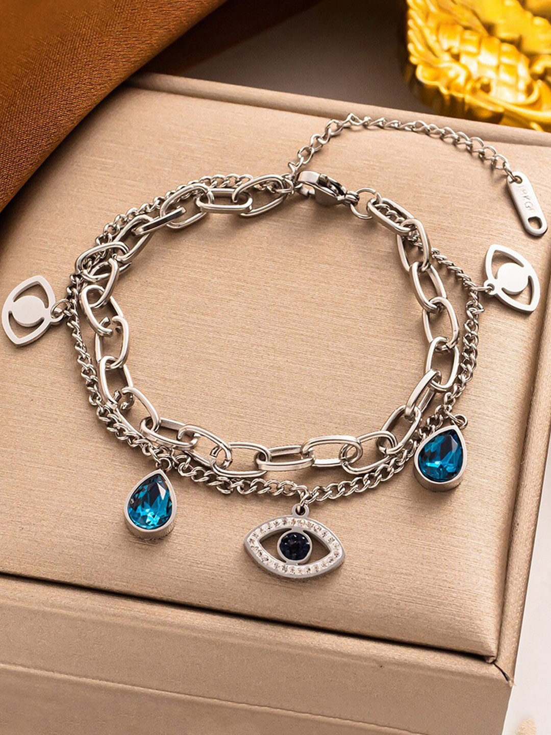 

Jewels Galaxy Women Silver-Plated Evil Eye Charm Bracelet