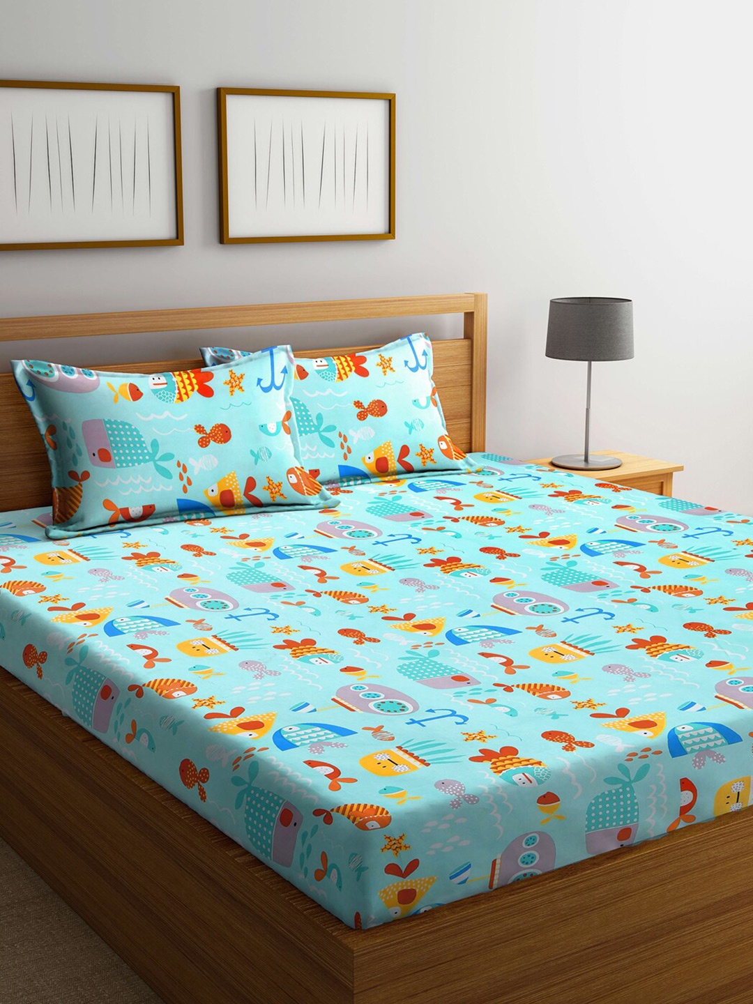 

FABINALIV Blue & Brown Cartoon Print 300 TC King Size Bedsheet & 2 Pillow Covers