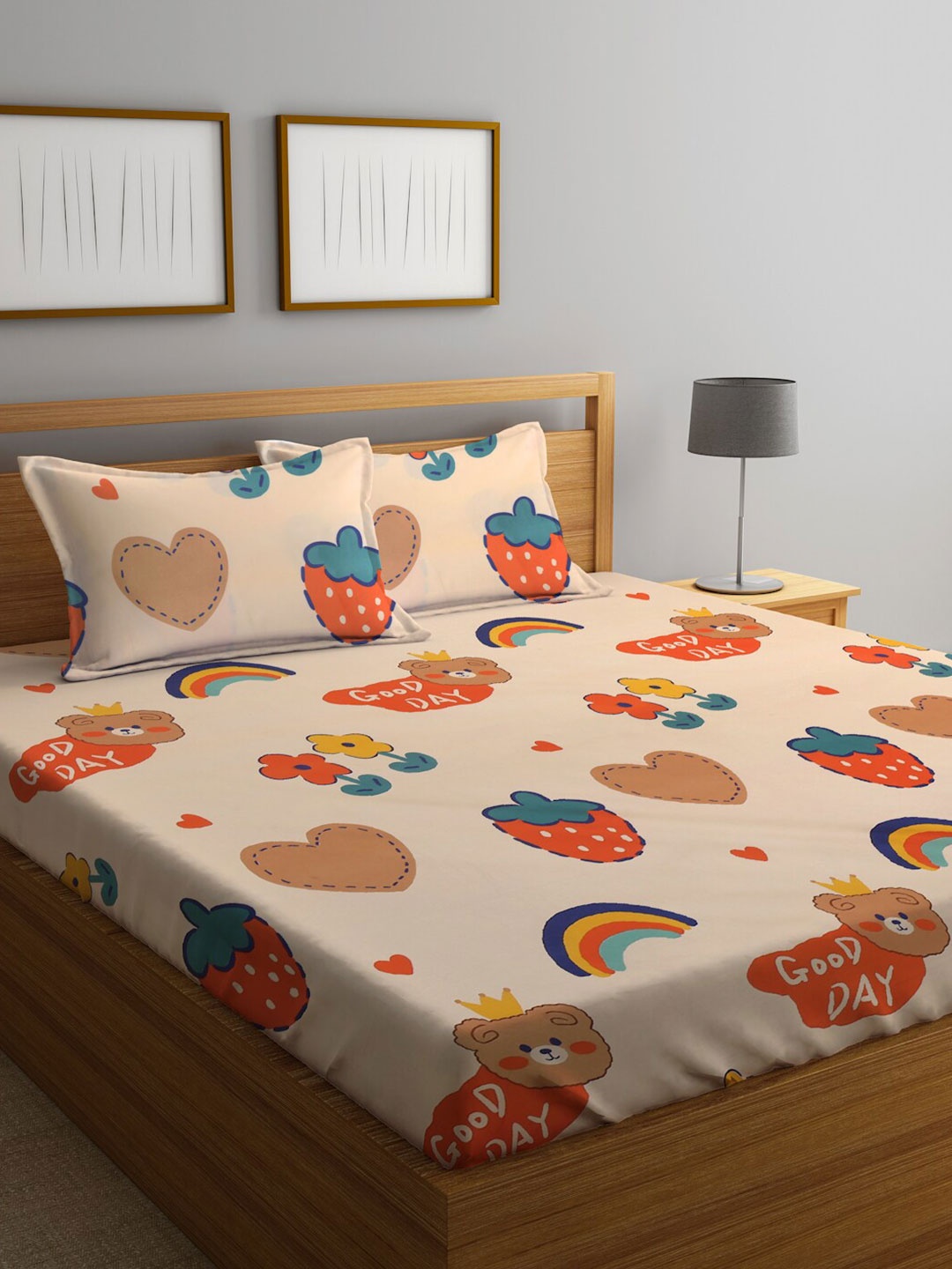 

FABINALIV Peach-Coloured Cartoon Print 300 TC King Size Bedsheet & 2 Pillow Covers