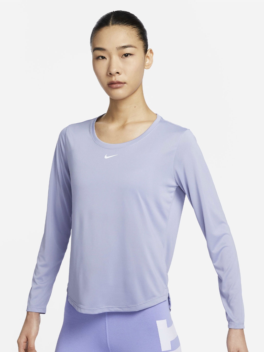 

Nike Women Brand Logo Printed Dri-FIT One Standard Fit Long-Sleeve Top, Purple