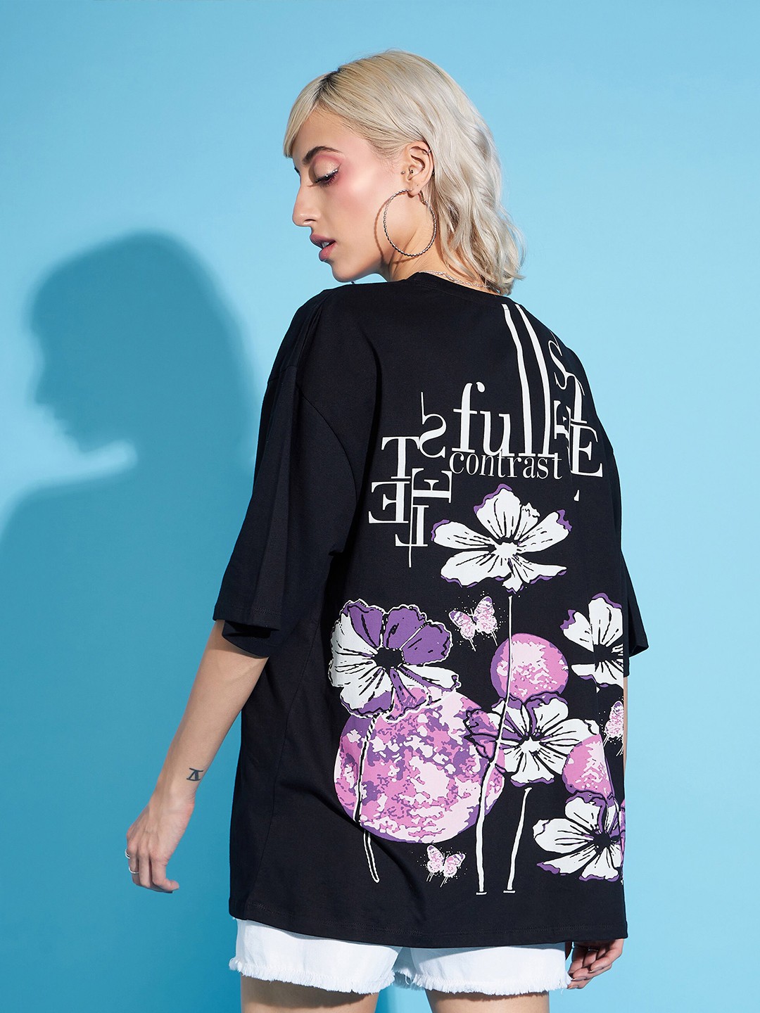 

SASSAFRAS Drop Shoulder Sleeves Black Floral Printed Boxy T-shirt