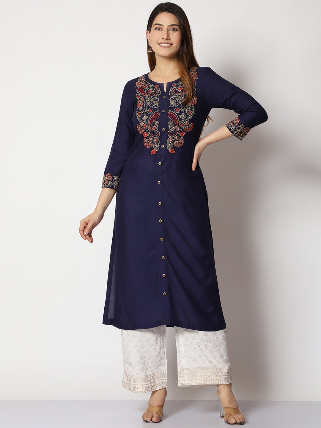 

SHEREEN Embroidered Straight Kurta, Navy blue