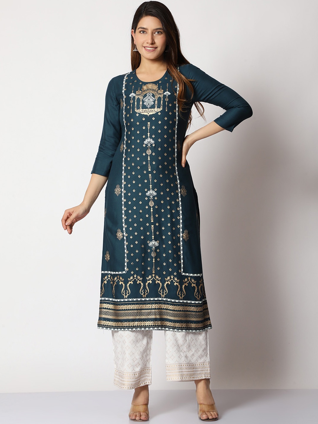 

SHEREEN Ethnic Motifs Printed Panelled Kurta with Palazzos, Teal