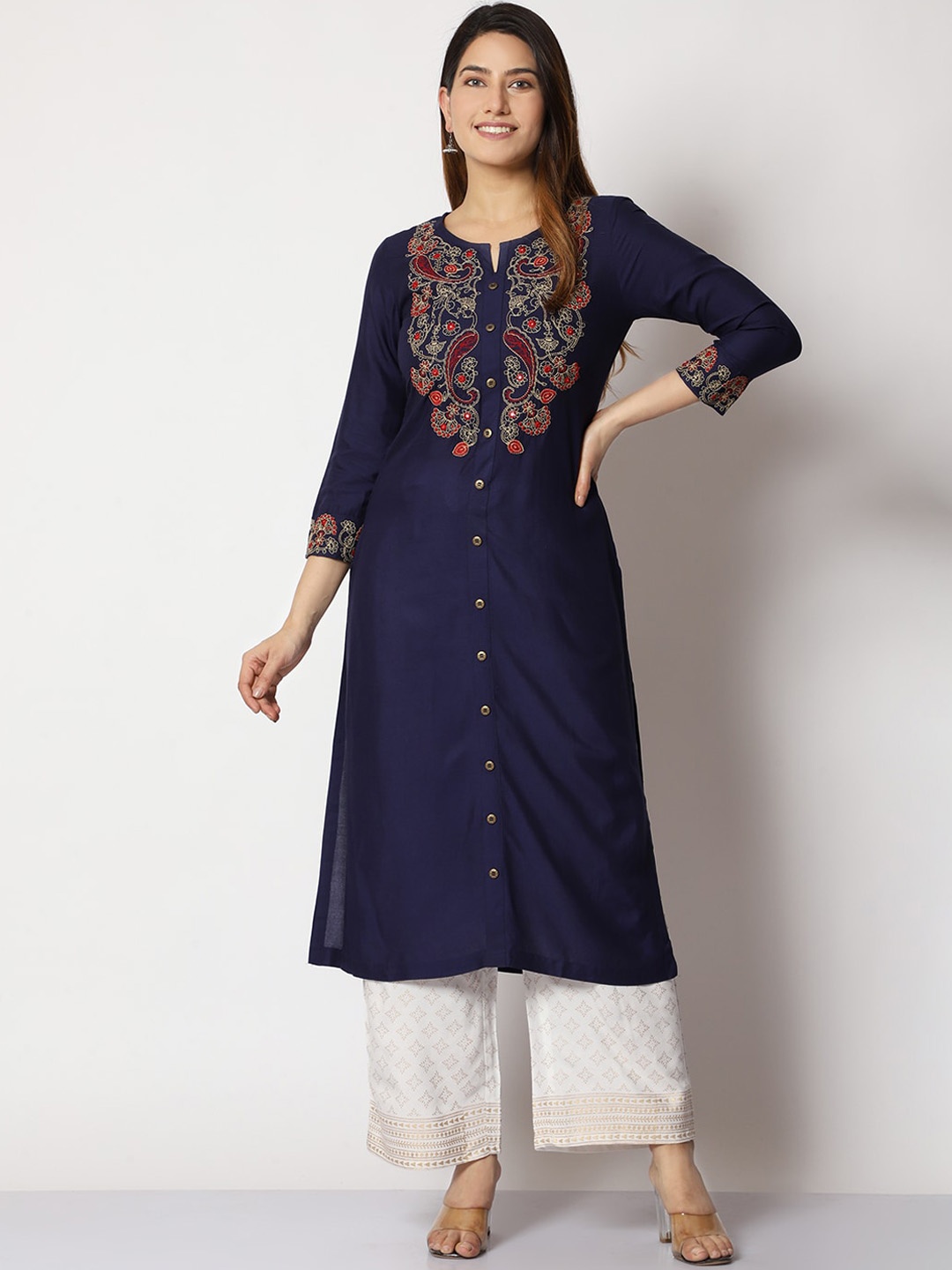 

SHEREEN Embroidered Regular Thread Work Kurta with Palazzos, Navy blue