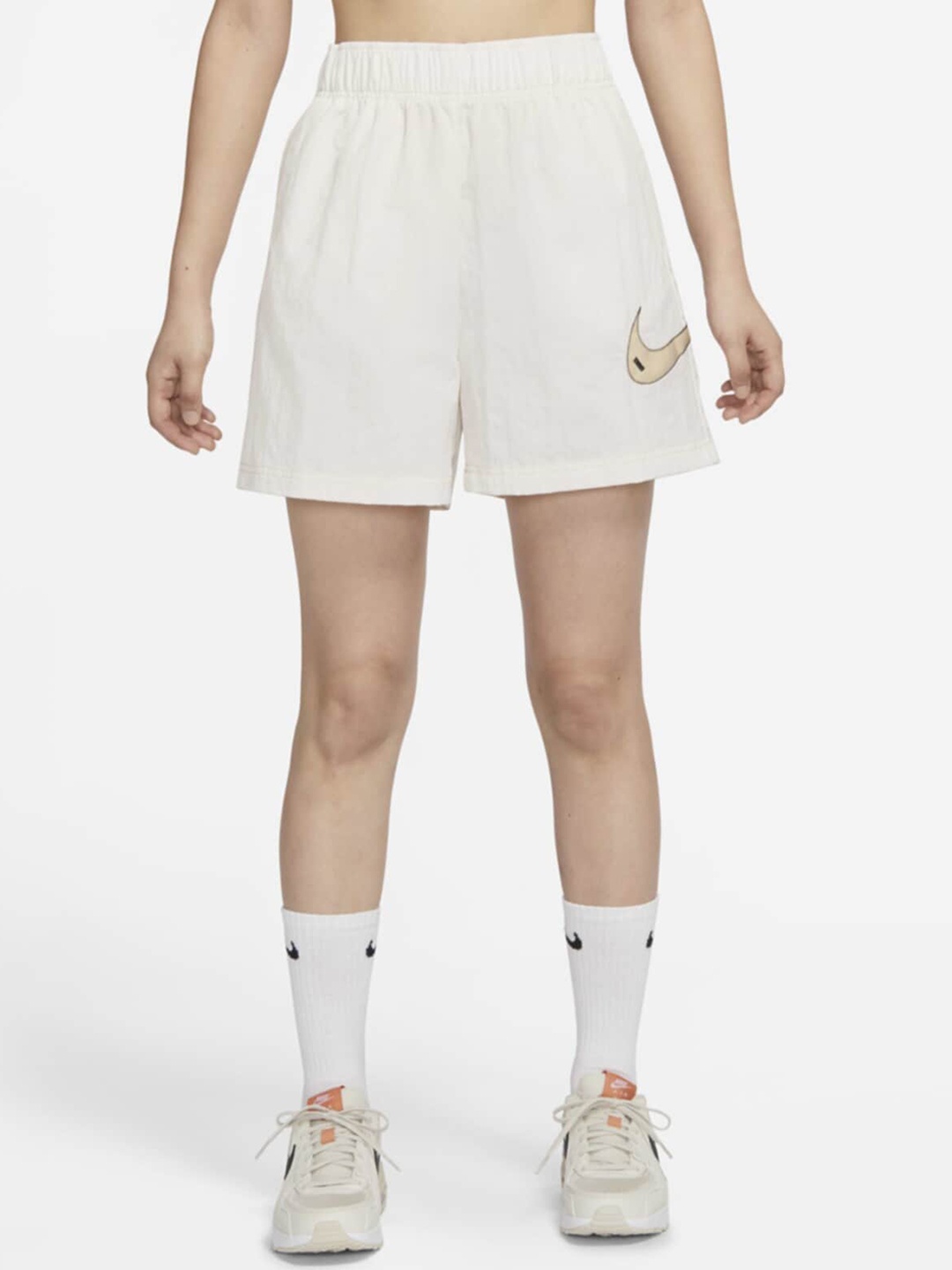 

Nike Women Sportswear Swoosh Woven High-Rise Logo Printed Shorts, Grey