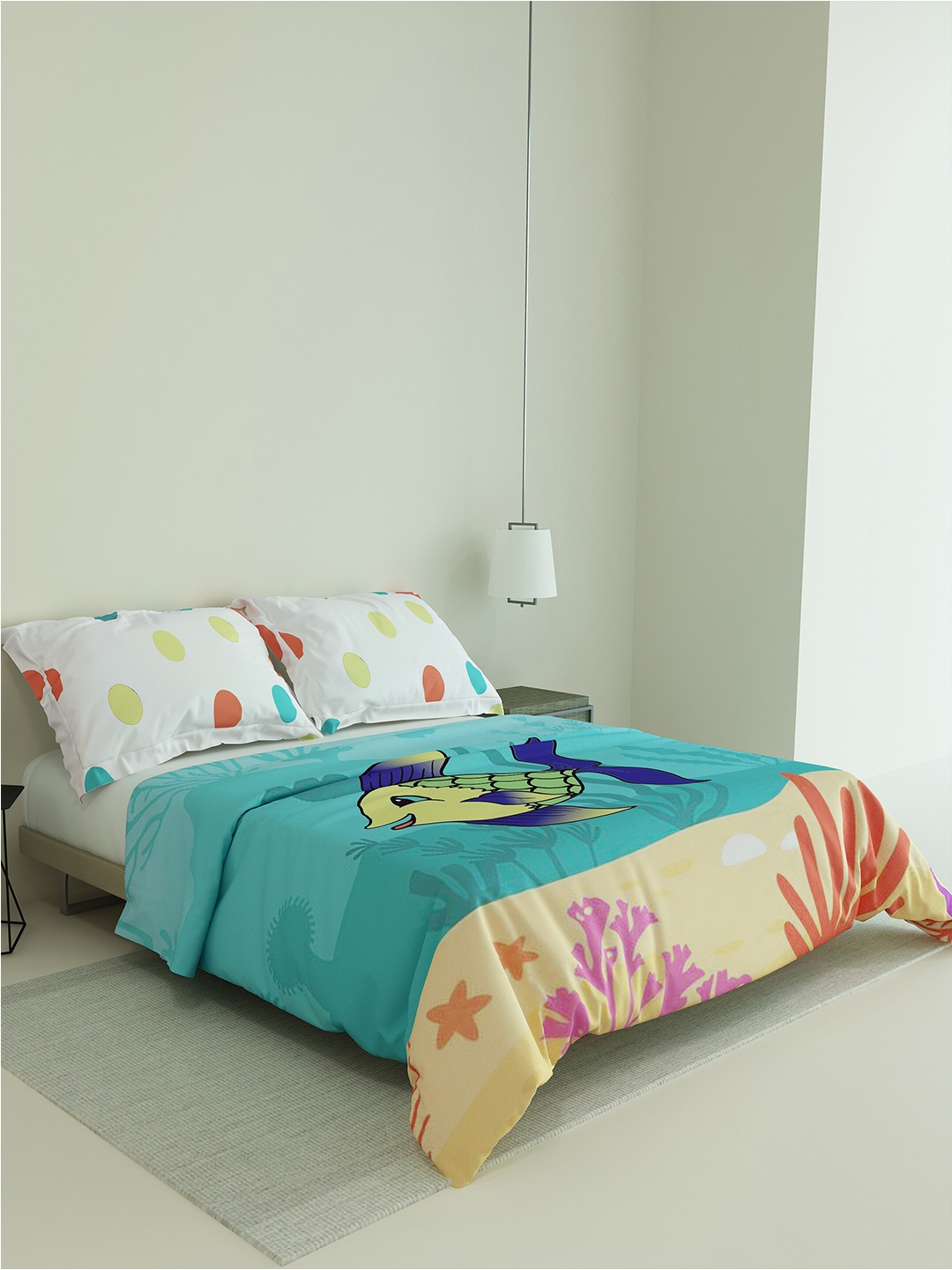 

LABHAM Toddlers Blue Cartoon Characters 180 TC Cotton King Bedsheet & 2 Pillow Covers