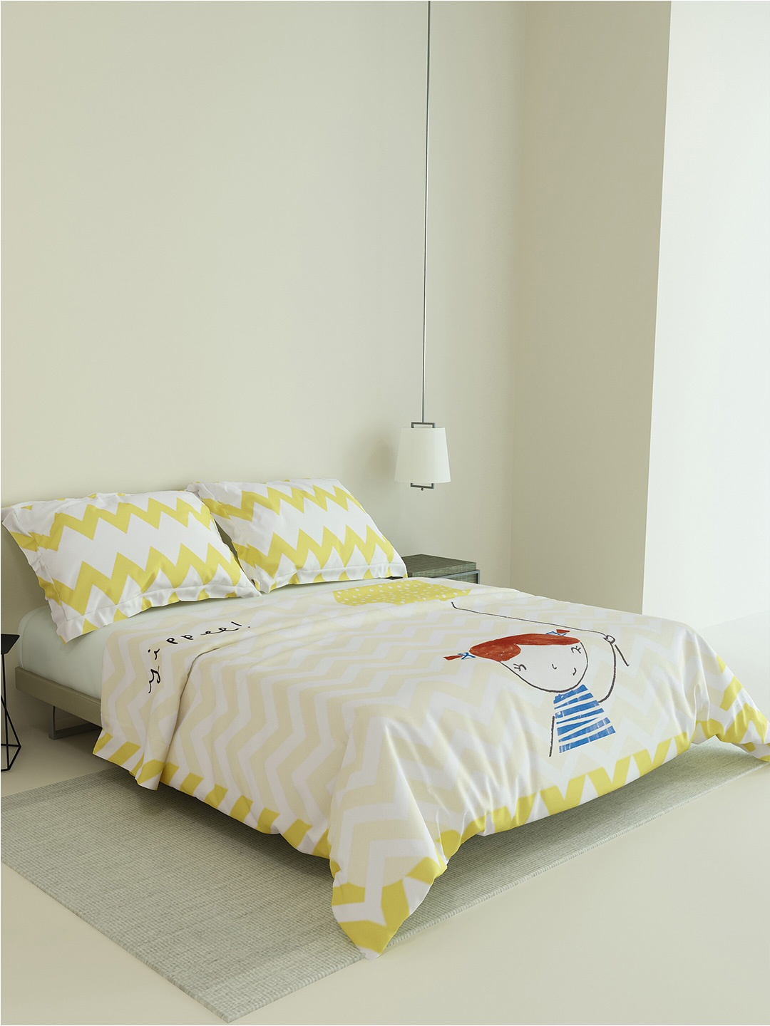 

LABHAM Toddlers Yellow & White Geometric 180 TC Cotton King Bedsheet With 2 Pillow Covers