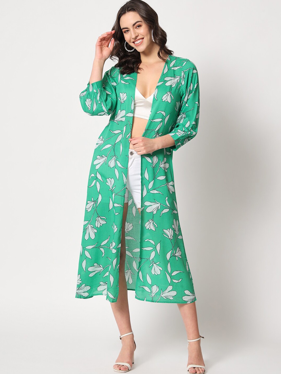 

COASTLAND Floral Printed Longline Shrug, Green