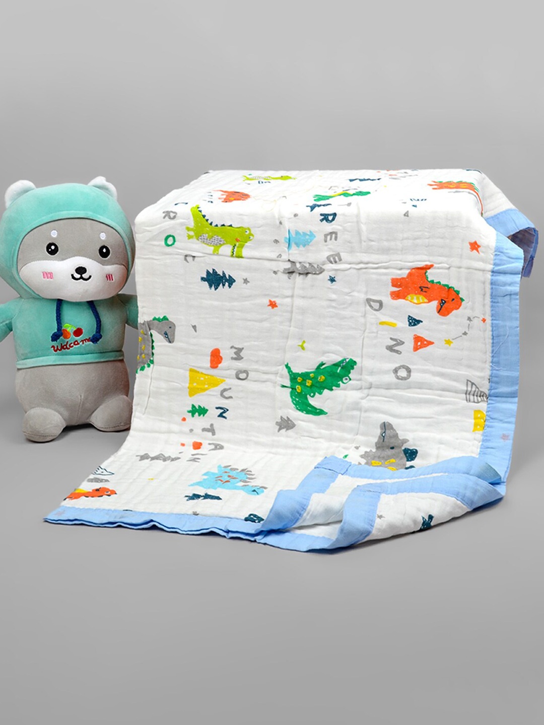 

Moms Home Kids White & Blue Printed Summer 500 GSM Organic Cotton Blanket