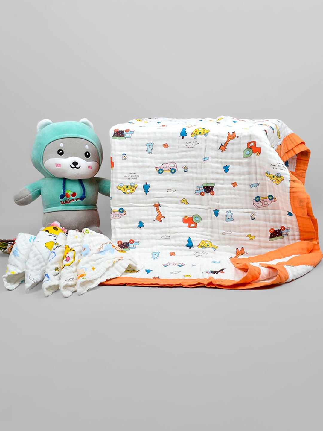 

Moms Home Kids White & Orange 5 Pieces Printed 500 GSM Organic Cotton Blanket & Napkins