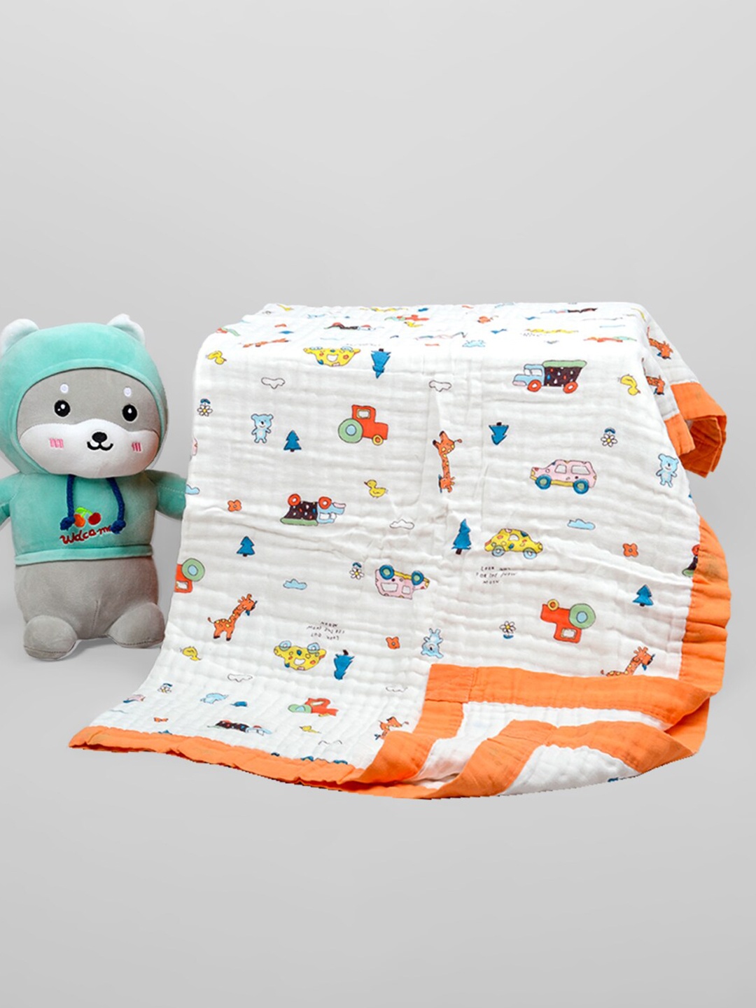 

Moms Home Kids White & Orange Printed Summer 500 GSM Organic Cotton Blanket