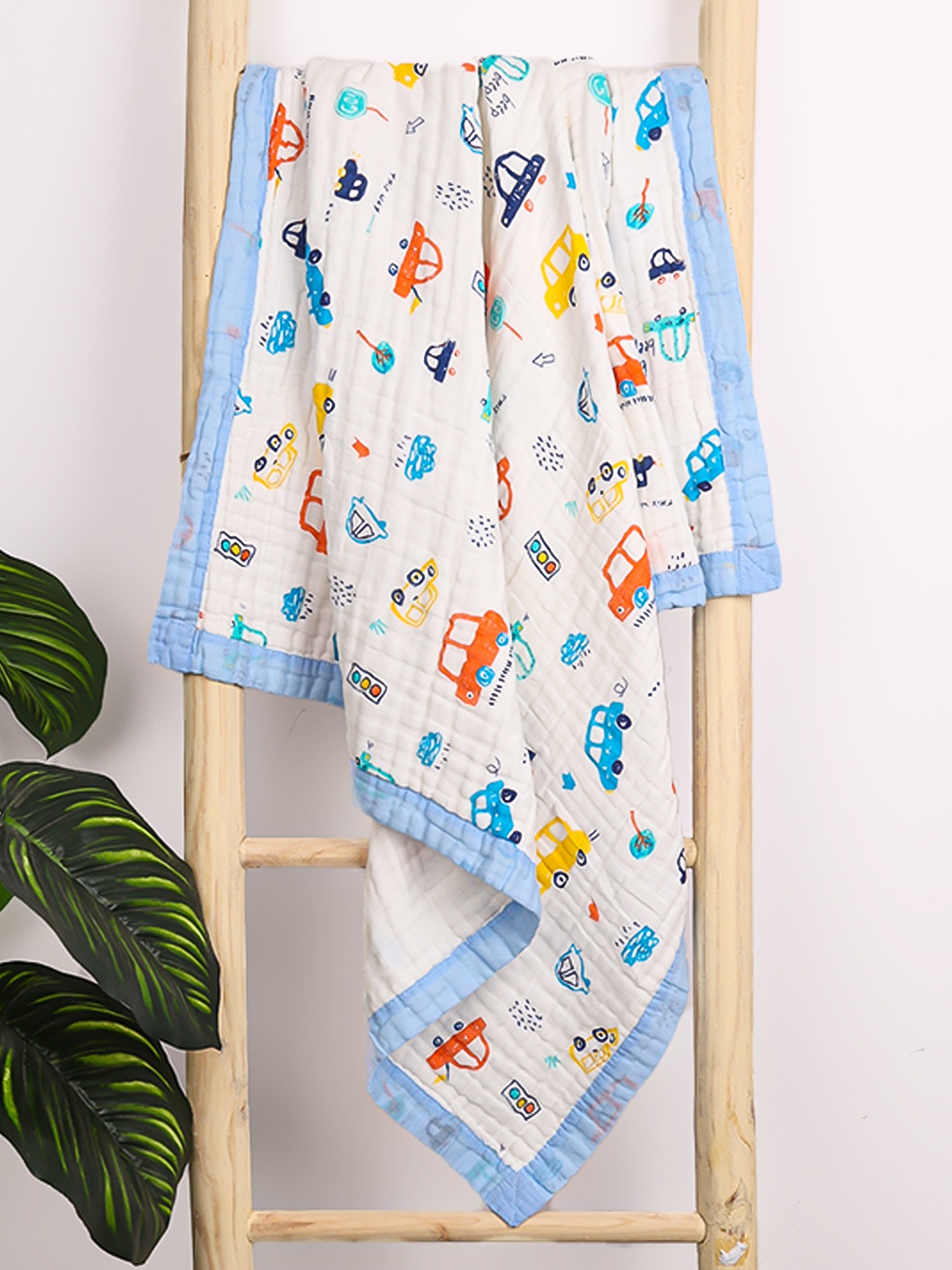 

Moms Home Kids White & Blue Printed Summer 500 GSM Organic Cotton Blanket
