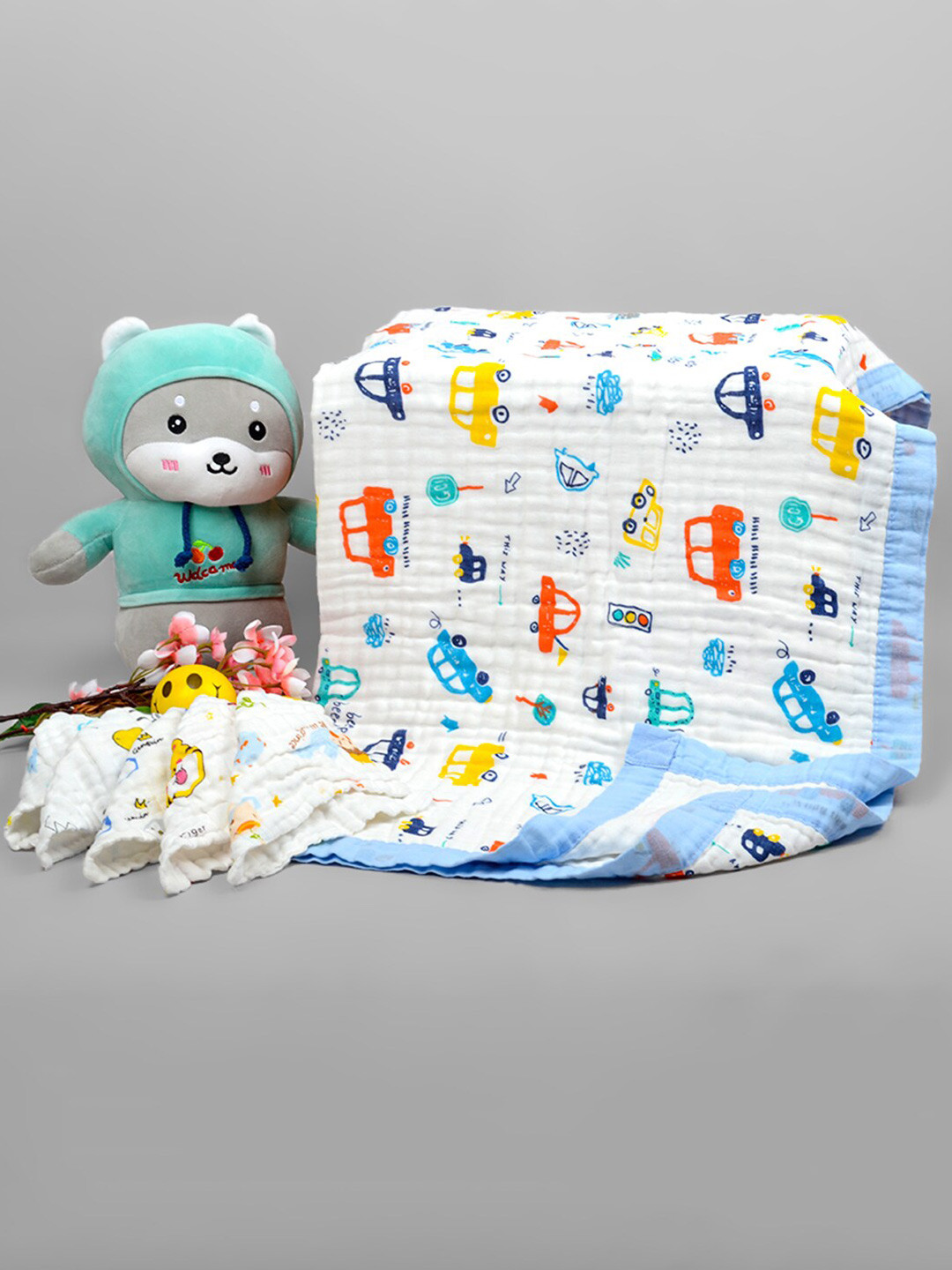 

Moms Home Kids White 5 Pieces Printed Summer 500 GSM Organic Cotton Blanket & Napkins