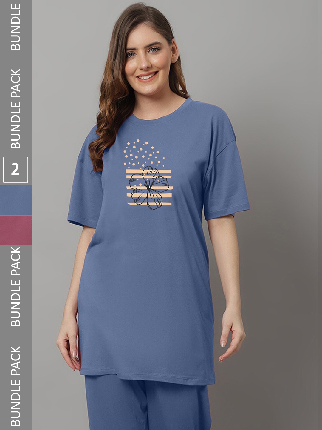 

Kanvin Women Pack Of 2 Printed Drop-Shoulder Sleeves Longline T-shirt, Blue