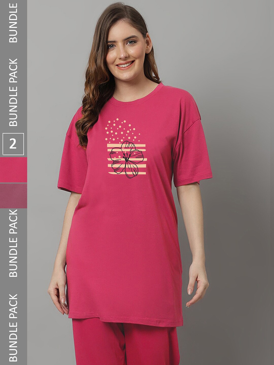 

Kanvin Women Pack Of 2 Printed Drop-Shoulder Sleeves Longline T-shirt, Pink