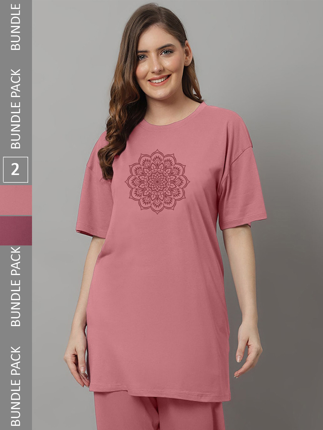 

Kanvin Women Pack Of 2 Printed Drop-Shoulder Sleeves Longline T-shirt, Mauve