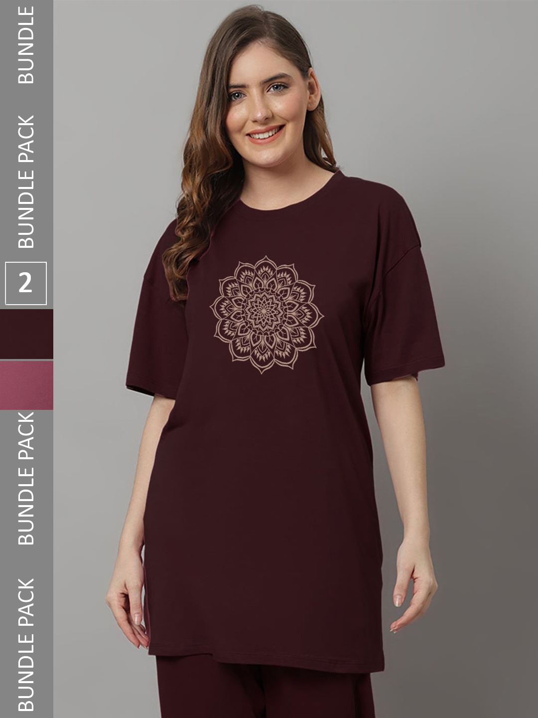 

Kanvin Women Pack Of 2 Printed Drop-Shoulder Sleeves Longline T-shirt, Brown