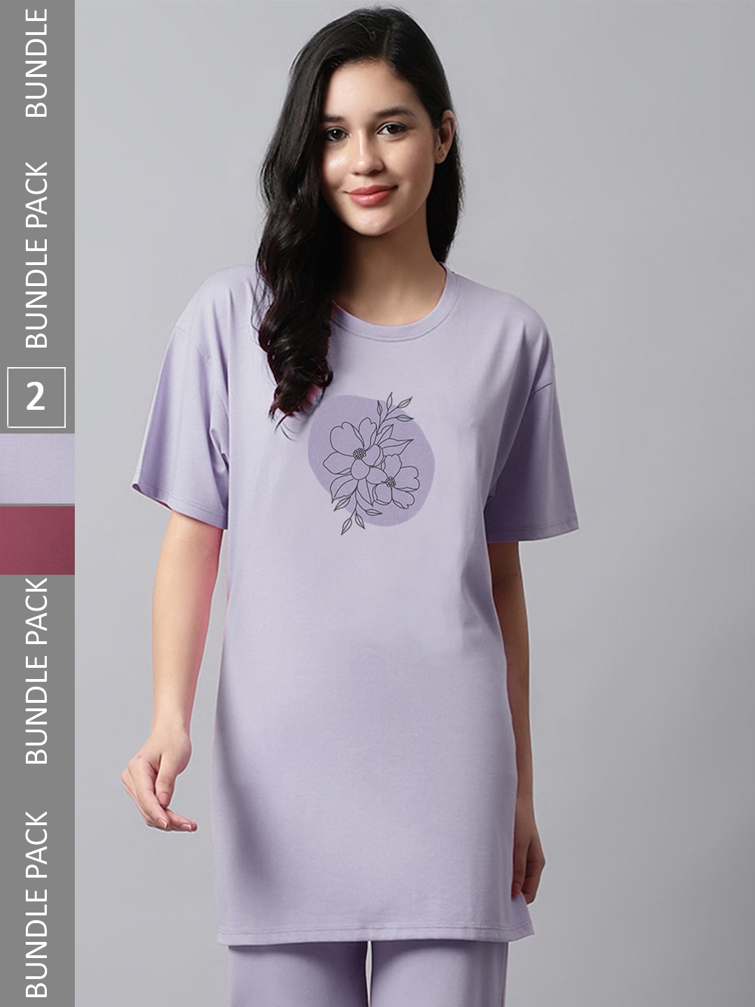 

Kanvin Lavender & Burgundy Pack Of 2 Printed Drop-Shoulder Sleeves Lounge T-Shirts