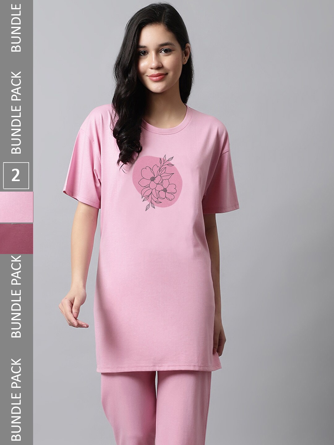 

Kanvin Women Pack Of 2 Printed Drop-Shoulder Sleeves Longline T-shirt, Pink
