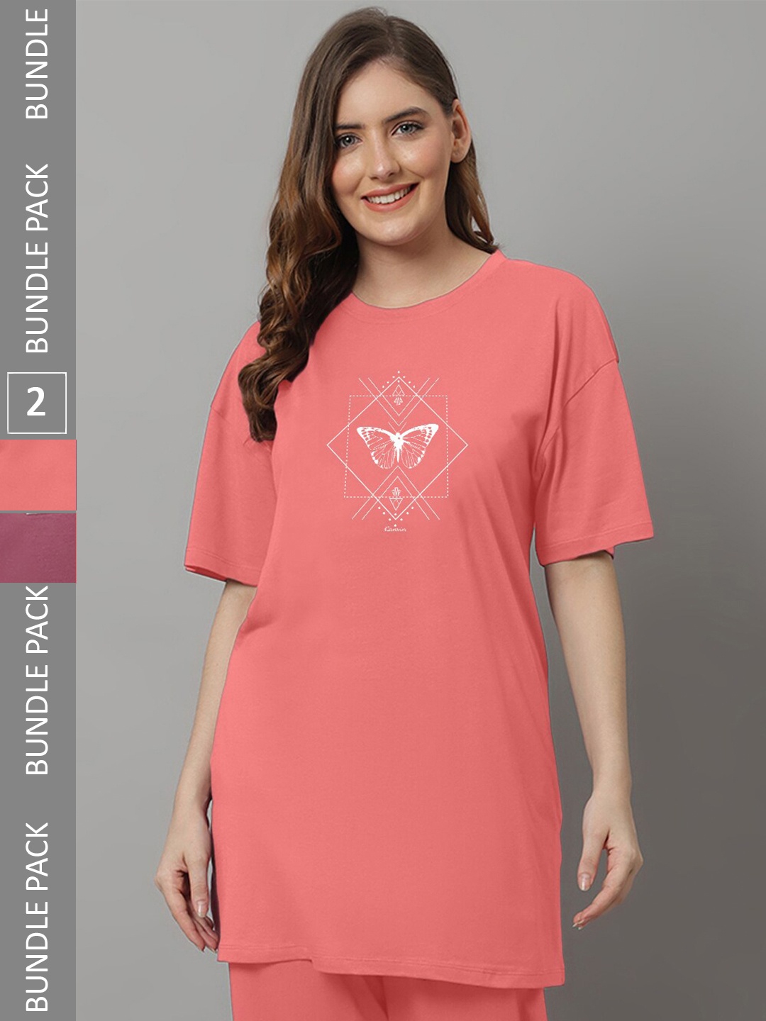 

Kanvin Women Pack Of 2 Printed Drop-Shoulder Sleeves Longline T-shirt, Orange