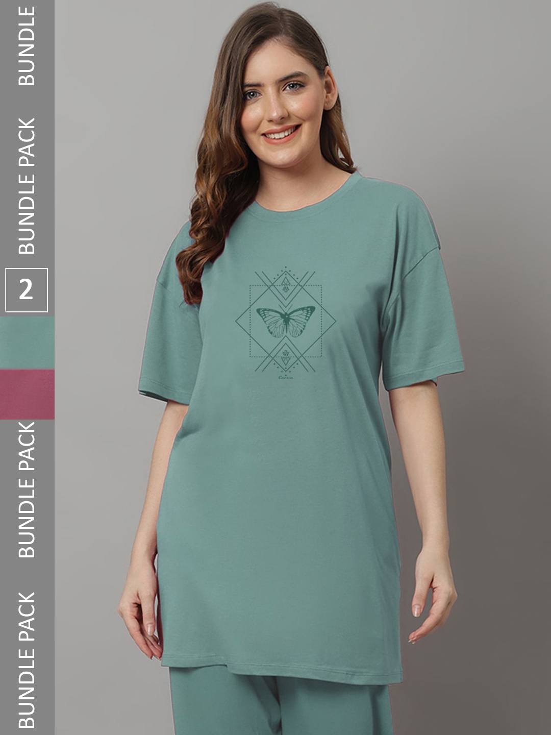 

Kanvin Pack Of 2 Graphic Printed Loose Cotton T-Shirt, Green