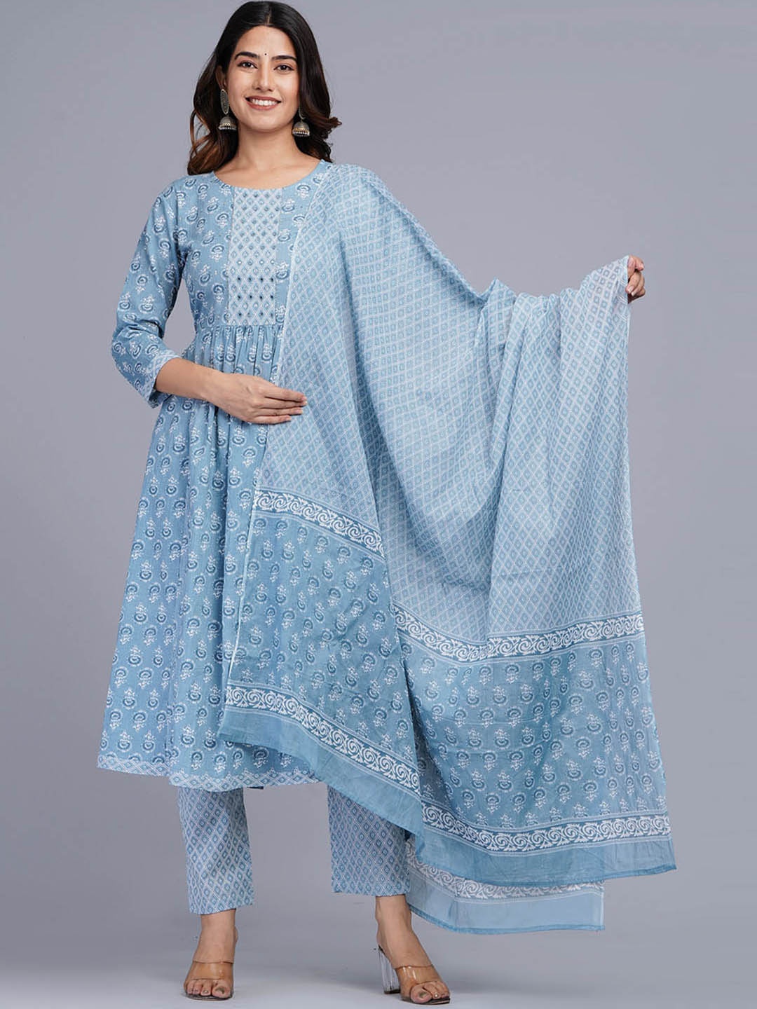

JAIPURI COLLECTION Floral Printed Regular Pure Cotton Kurta with Pyjamas & With, Blue