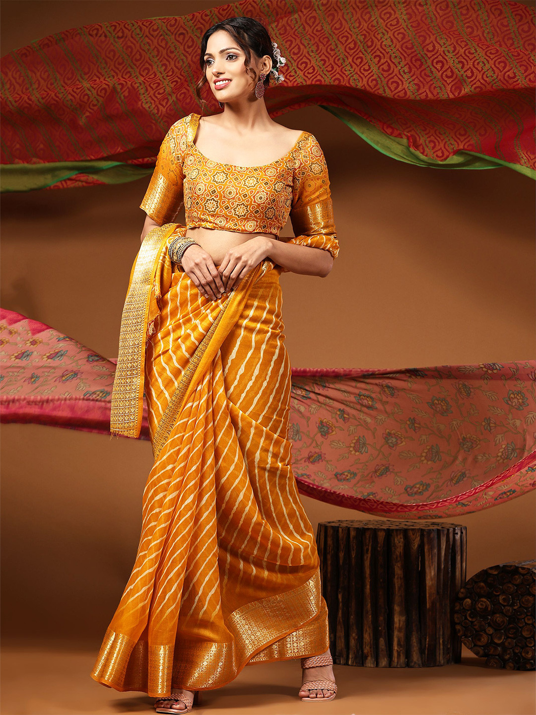 

DIVASTRI Leheriya Printed Zari Pure Cotton Saree, Mustard