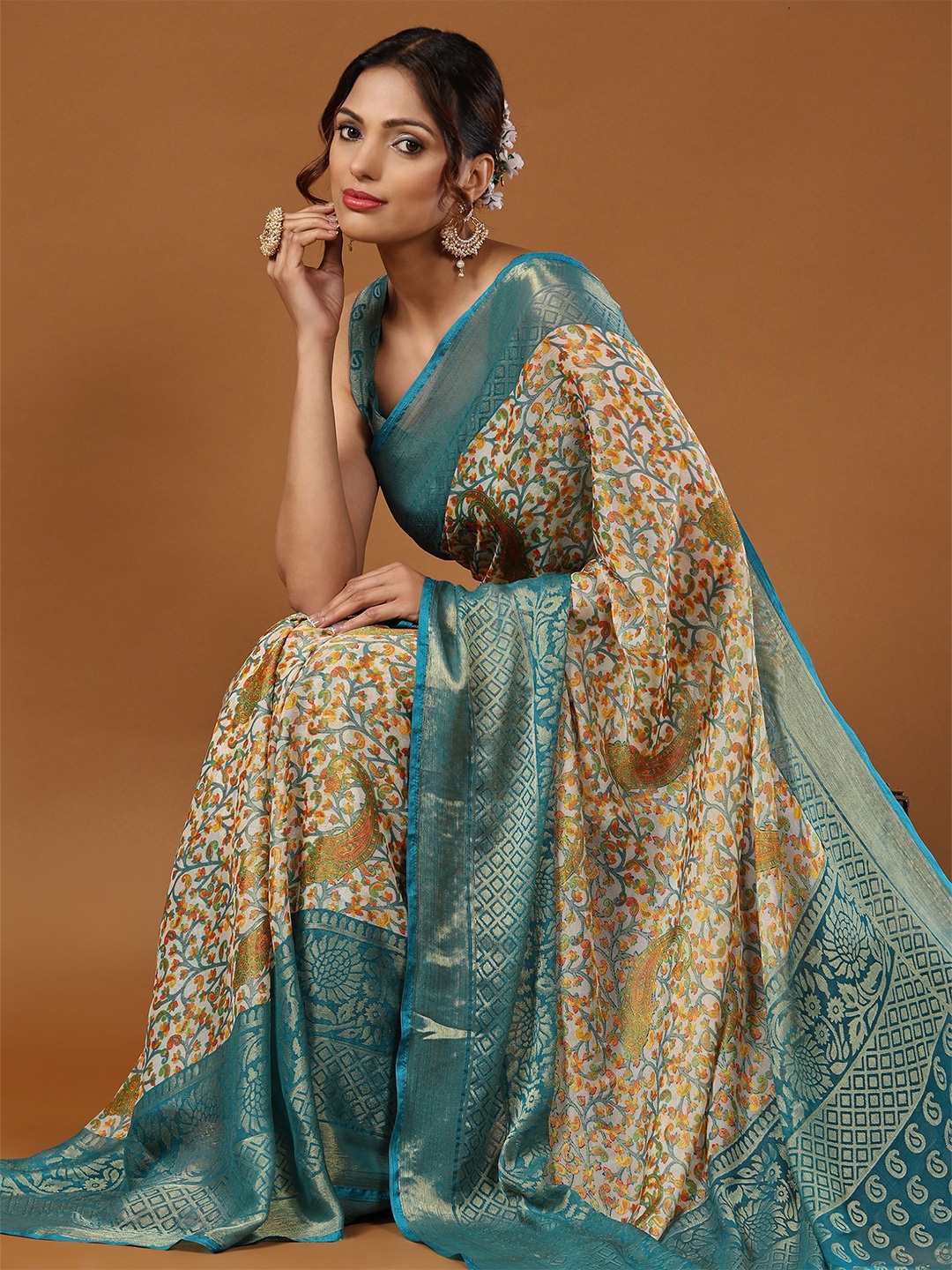 

DIVASTRI Floral Zari Brasso Saree, Blue