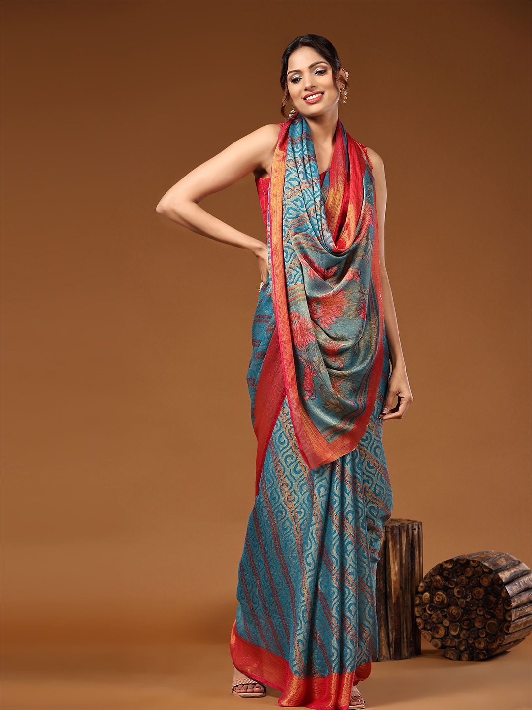 

DIVASTRI Ethnic Motifs Woven Design Zari Brasso Saree, Teal