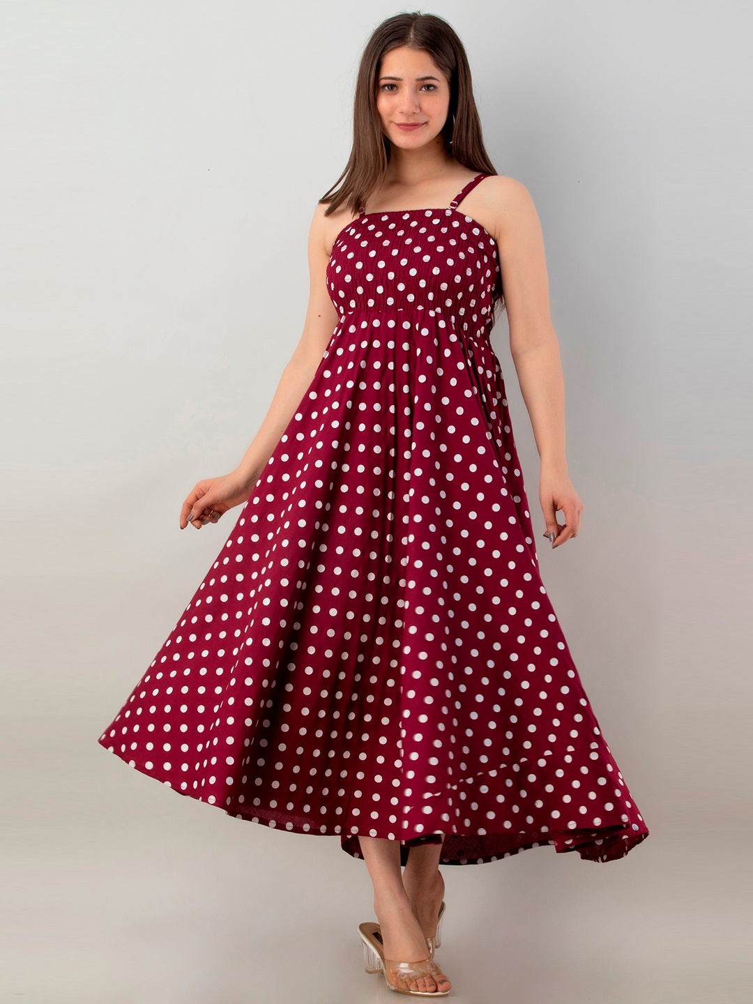 

KALINI Polka Dot Printed Sleeveless Smocked Empire Dress, Maroon
