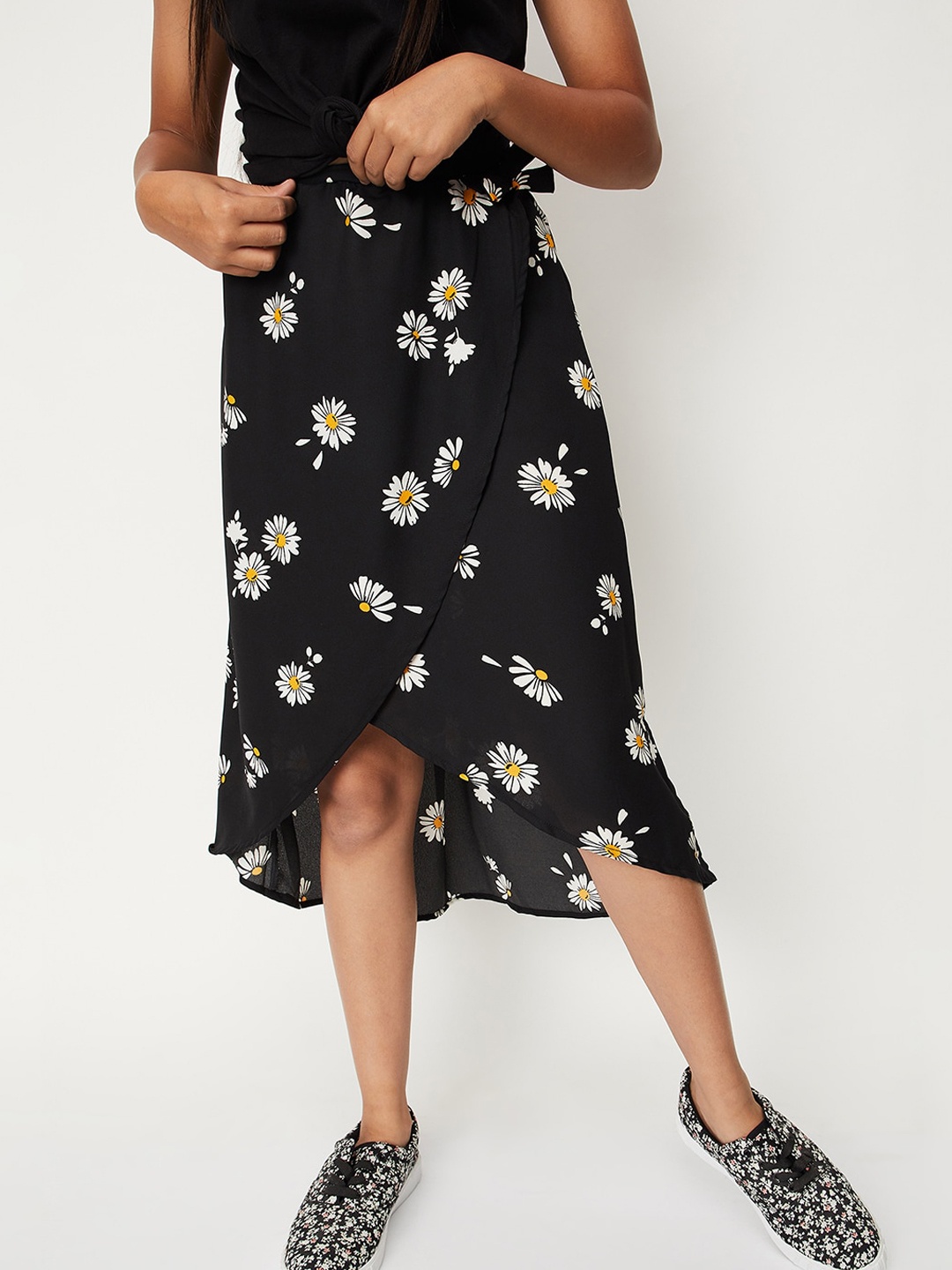 

max Girls Floral Printed Midi Tulip Skirt, Black