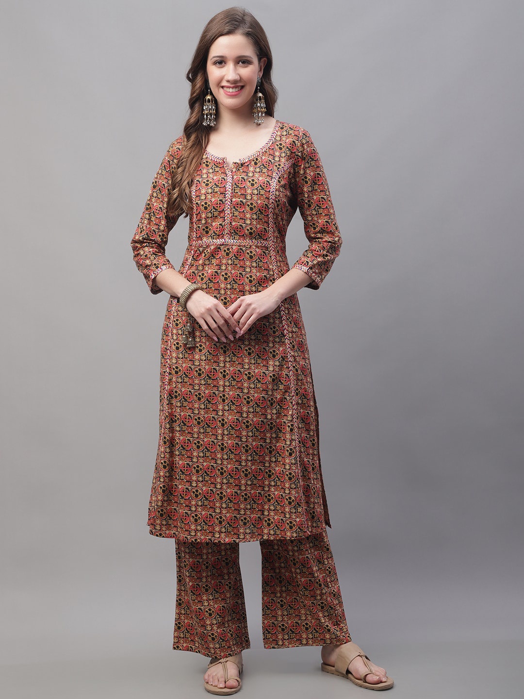 

KALINI Geometric Printed Pure Cotton Kurta With Palazzos, Brown