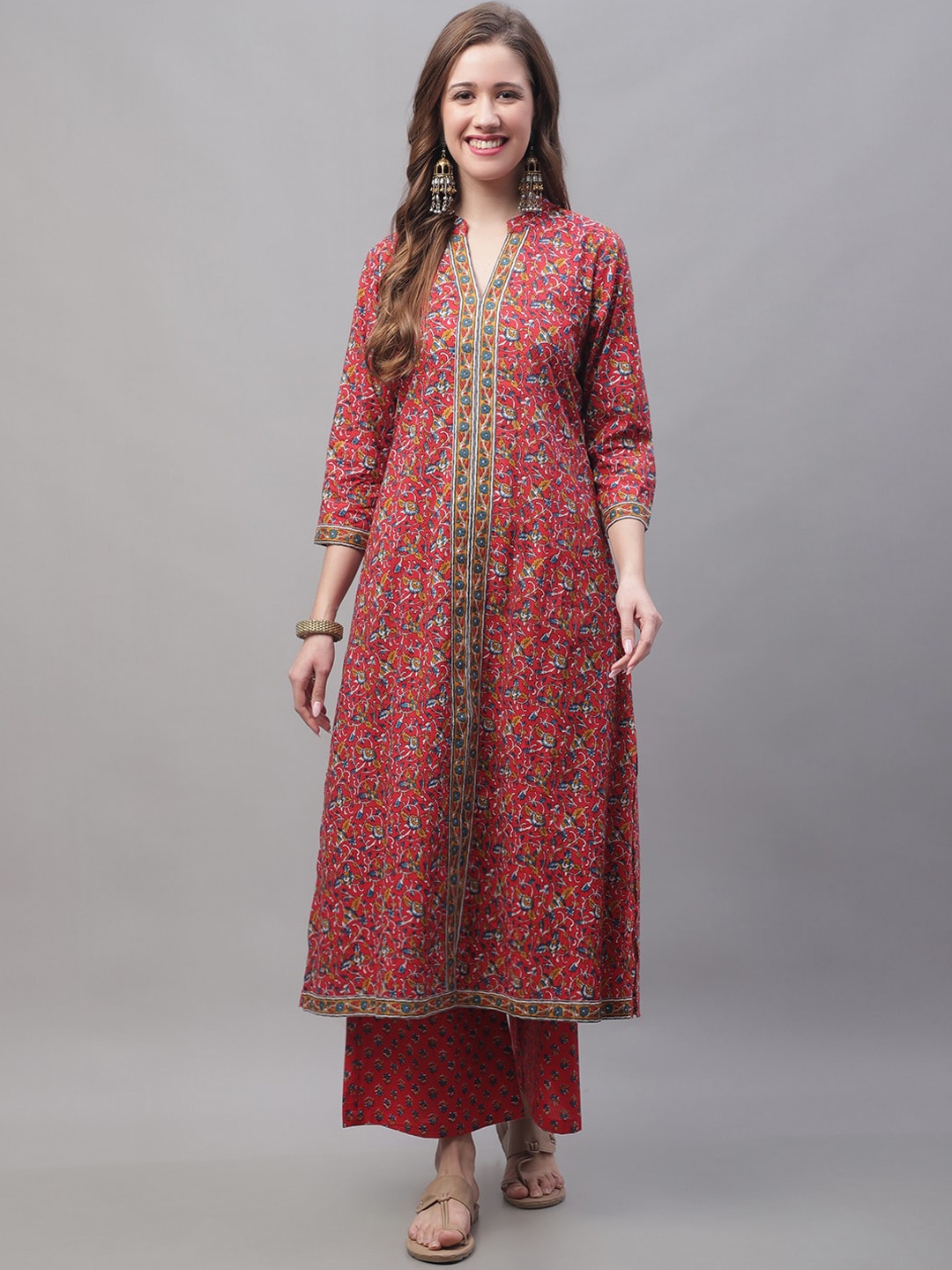 

KALINI Ethnic Motifs Printed Pure Cotton A-Line Kurta With Palazzos & Dupatta, Red