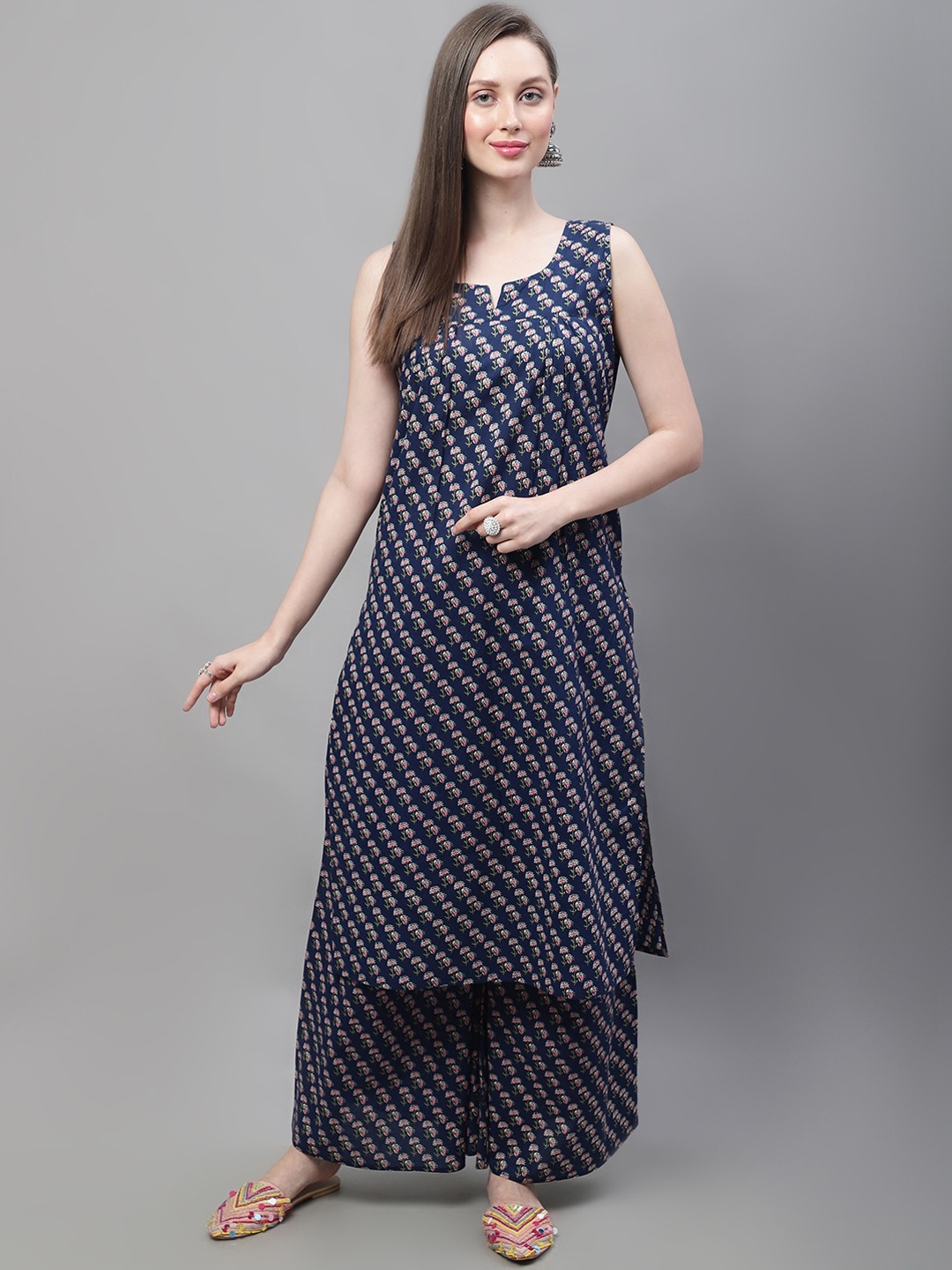 

KALINI Floral Printed Regular Pure Cotton Kurta with Palazzos, Navy blue